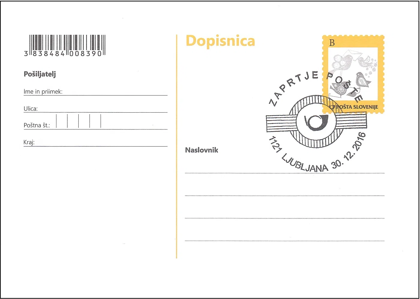 ZAPRTJE POŠTE 1121 LJUBLJANA